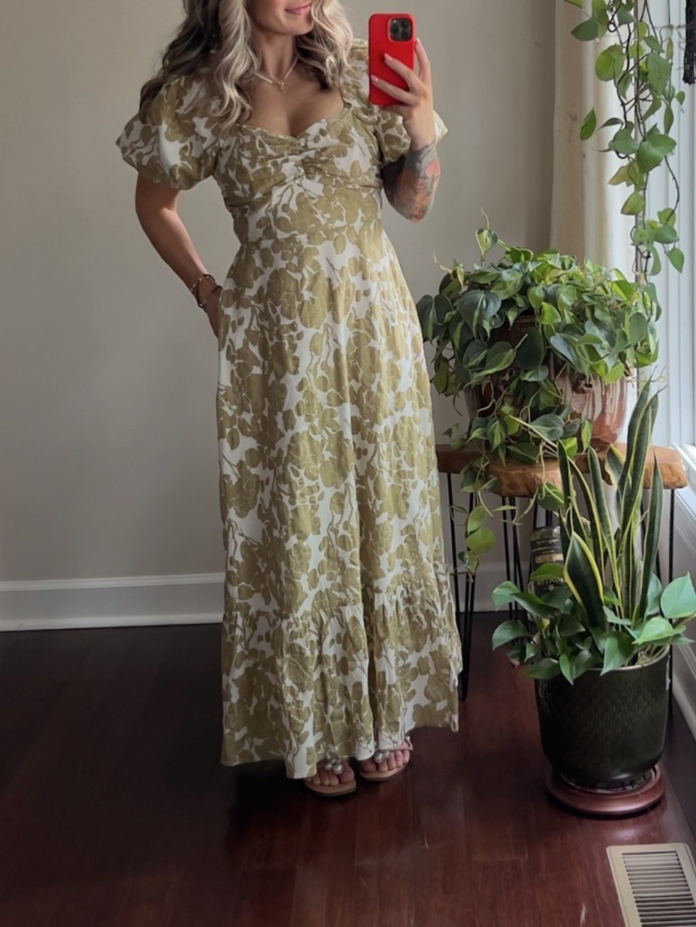 English Factory Puff Sleeve Moss Floral Maxi Dress - S